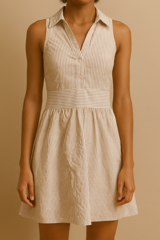 Sleeveless Striped Beige & White Dress