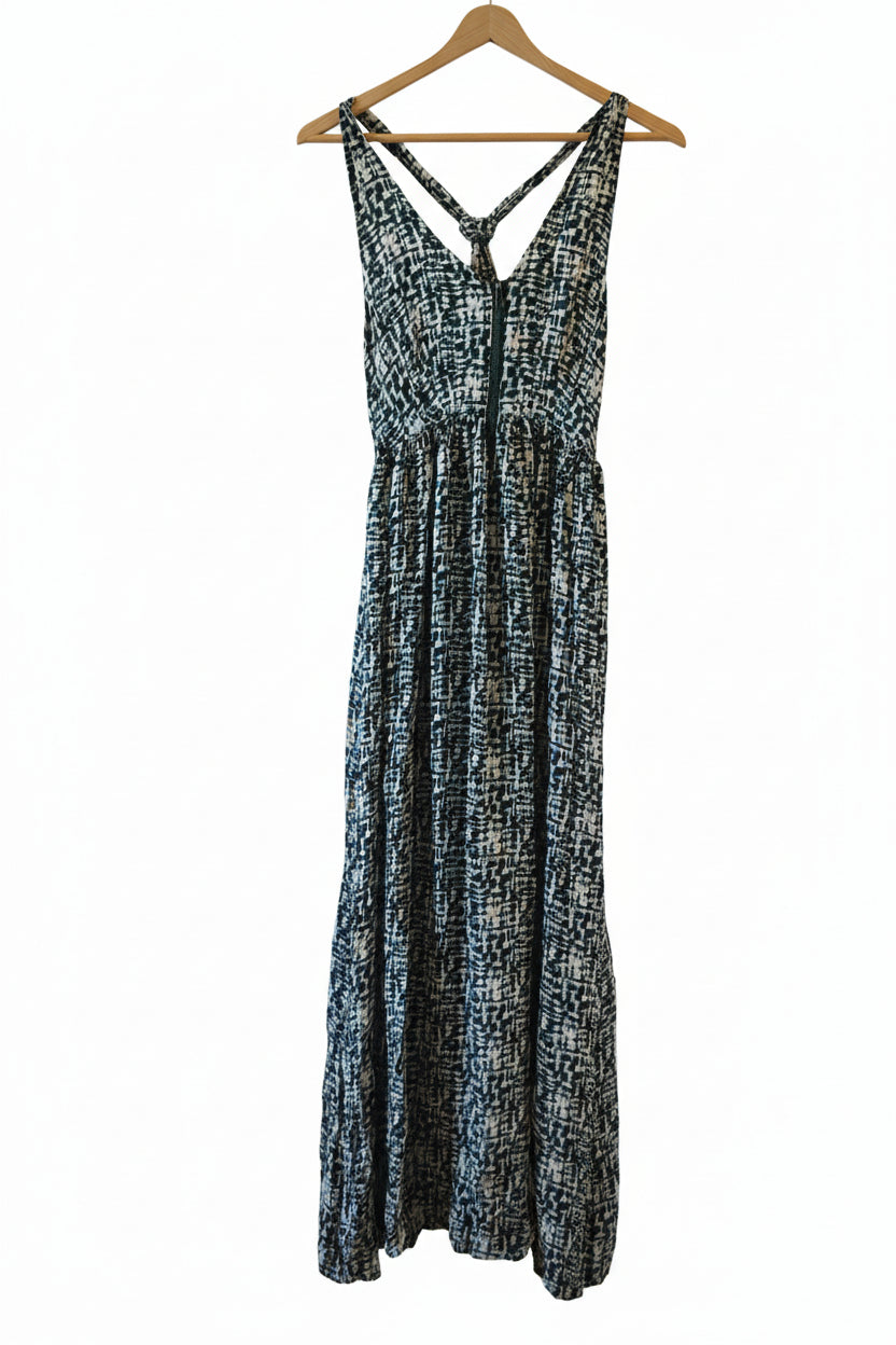 Patterned Halter Cotton Long Dress with Front Zipper