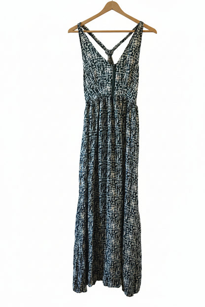 Patterned Halter Cotton Long Dress with Front Zipper